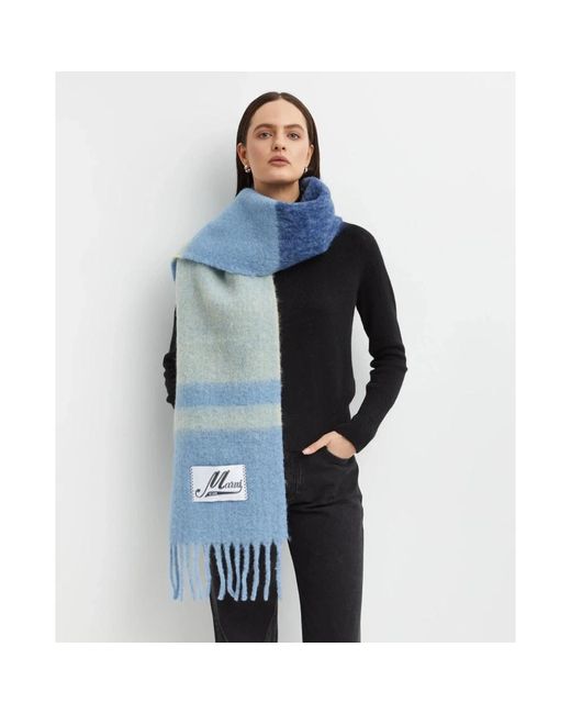 Marni Blue Blau Gestreifter Fransenschal