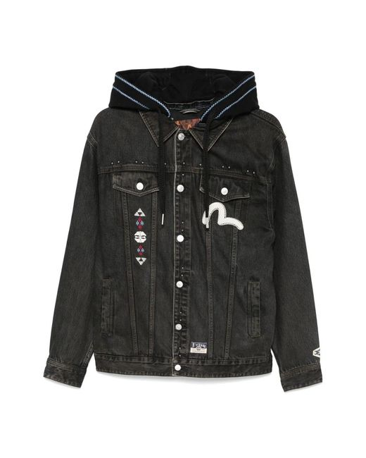 Evisu Zwarte Denim Patchwork Hoodie Jas in het Black voor heren