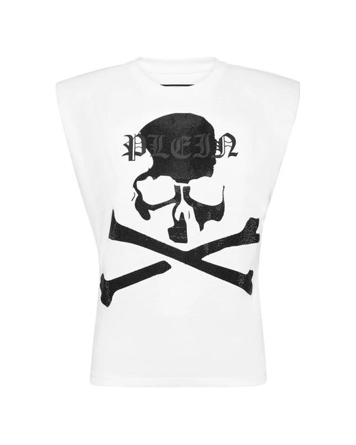 Philipp Plein Tops ,Wit ,Katoen Tank Top Strass Skull&Bones in het White