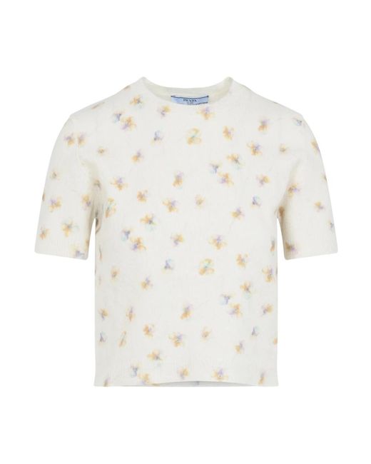 Prada Witte Wol Bloemen Pullover Trui in het White