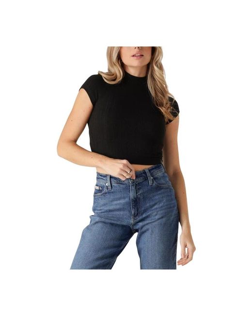 Calvin Klein Black Geripptes Mockneck-Top