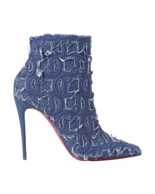Christian Louboutin Blue So Kate 100 Embroidered Distressed Denim Ankle Boots