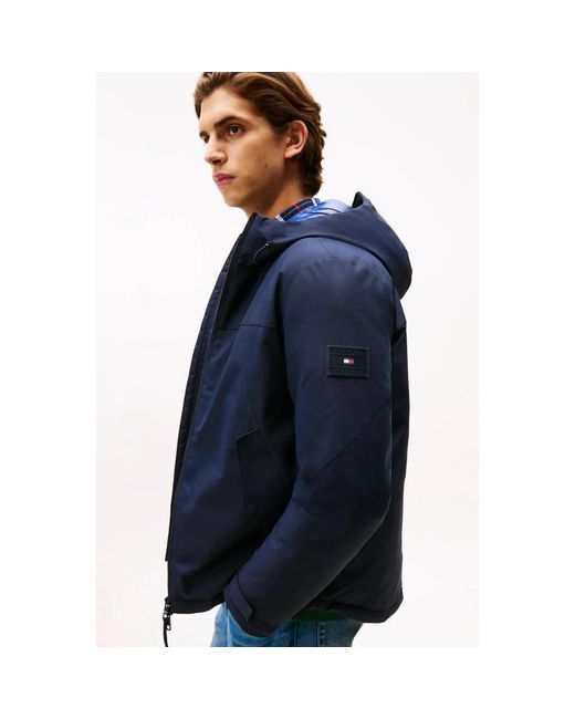 Tommy Hilfiger Jassen ,Blauw ,Polyester Tech Gewatteerde Korte Jas Met Capuchon in het Blue voor heren
