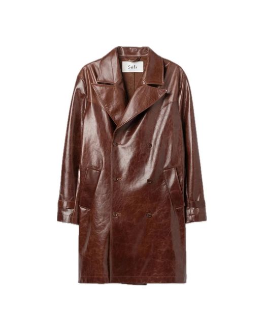 Tumbled leather double breasted coat di Séfr in Brown da Uomo