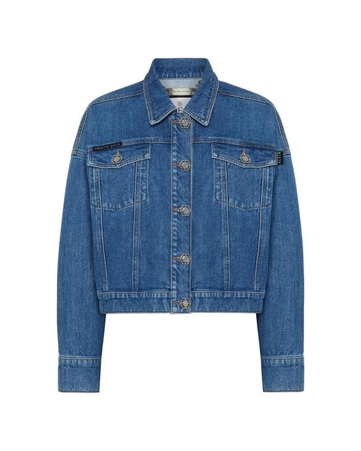 Philipp Plein Jassen ,Blauw ,Denim Denim Cropped Jas Crystal Franjes in het Blue