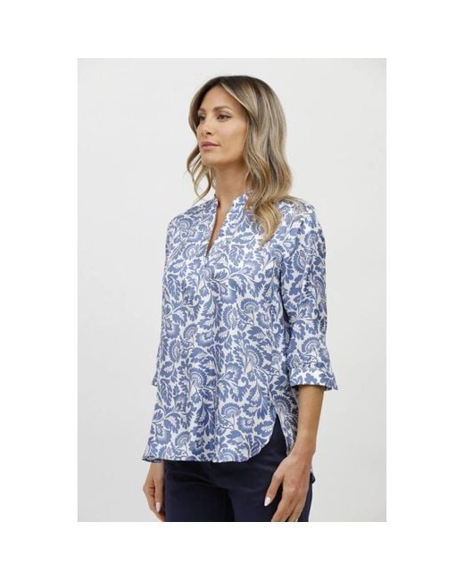 Caliban Blue Langarm Foliage Muster Hemd