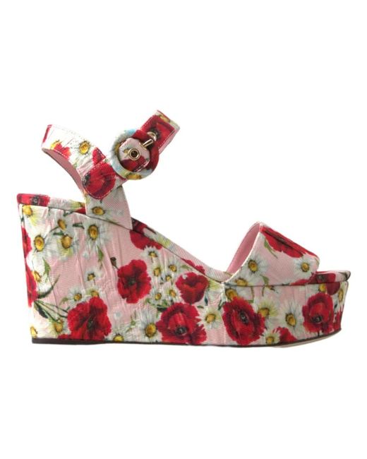 Dolce & Gabbana Red Floral Print Wedges Floral Ankle Strap Sandals