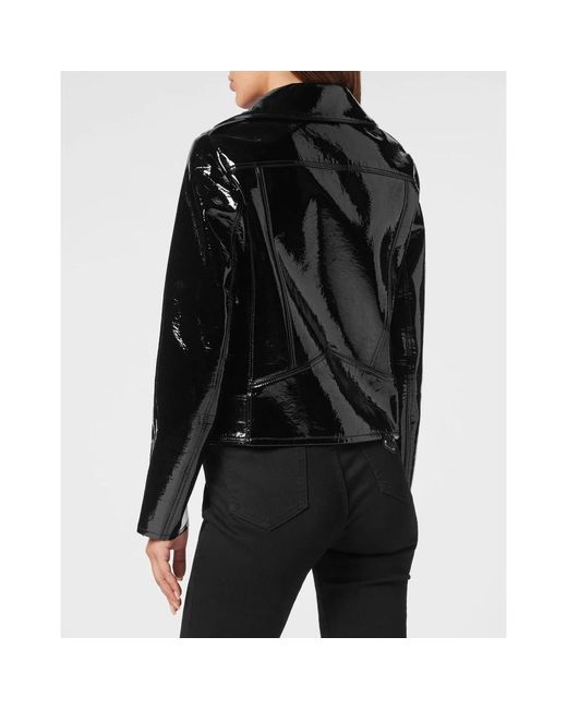 Philipp Plein Oversize Glanzende Eco Leren Jas in het Black