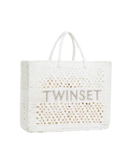 Twin Set White Handgefertigte gehäkelte baumwoll-shopper-tasche mit abnehmbarer innentasche