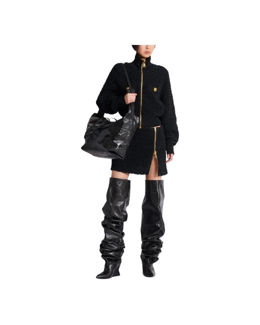Balmain Hoodies & Sweatvesten ,Zwart ,Textured Zip-Up Bomberjack in het Black