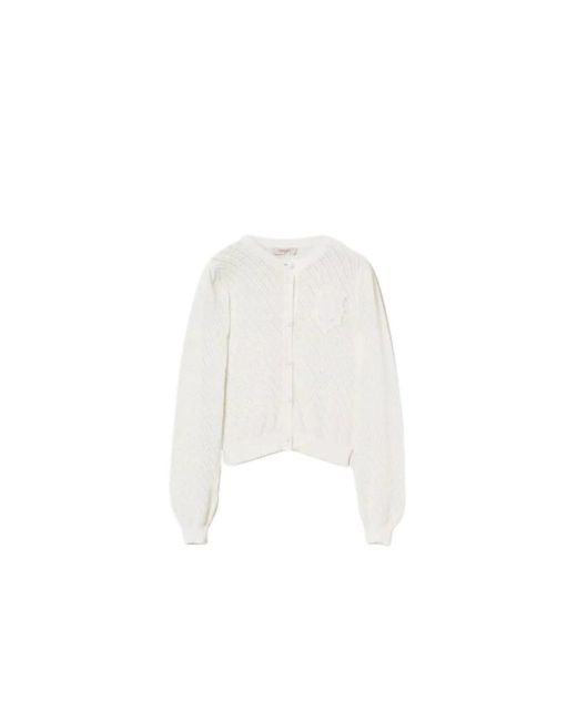 Twinset Truien & Vesten ,Wit ,Katoen Diagonaal Gebreide Vest Met Gehaakte Knopen in het White