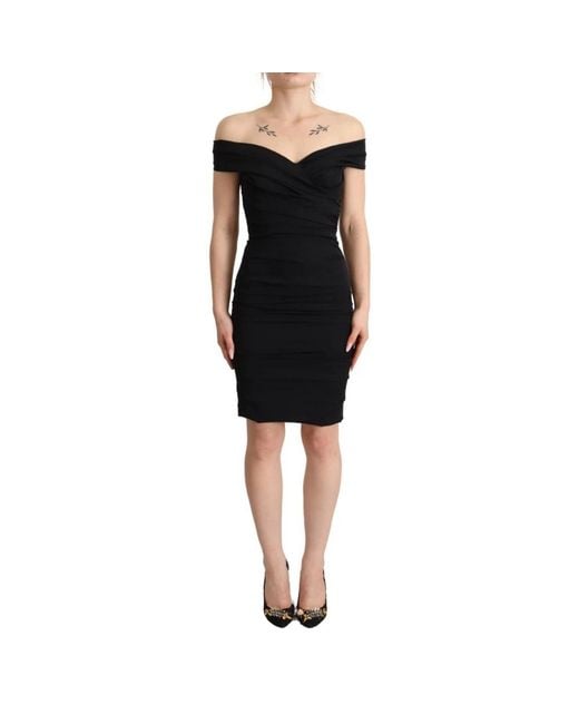 Dolce & Gabbana Black Dolce Gabbana Bodycon Silk Off Shoulder Sheath Bodycon Dress