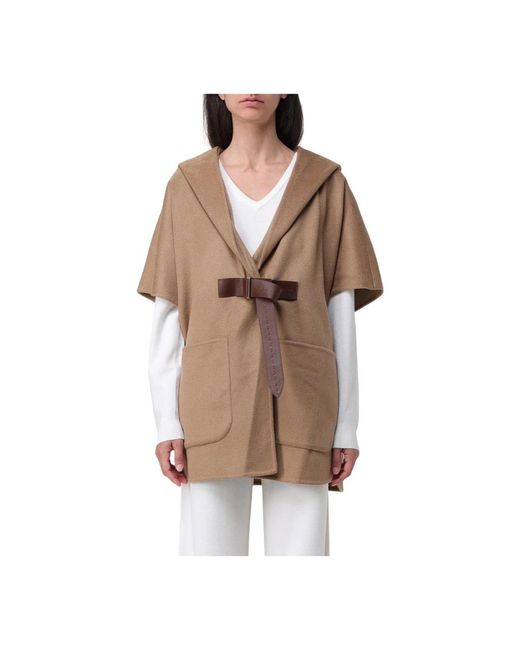 Max Mara Camel Wollen Cape Met Leren Riem in het Brown
