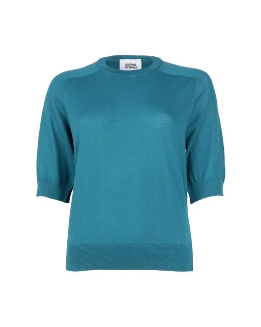 Alpha Studio Blue Baumwoll rundhals halbarm pullover
