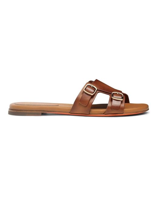Santoni Brown Damen Leder Doppel-Schnalle Didi Slide Sandale