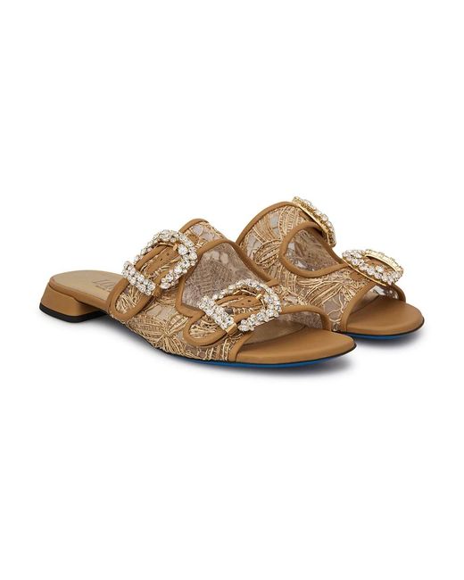 Loriblu Schoenen ,Oranje ,Leer Muiltjes Van Raffia En Kalfsleer Met Pompoenkleurige Juweelgespen in het Natural