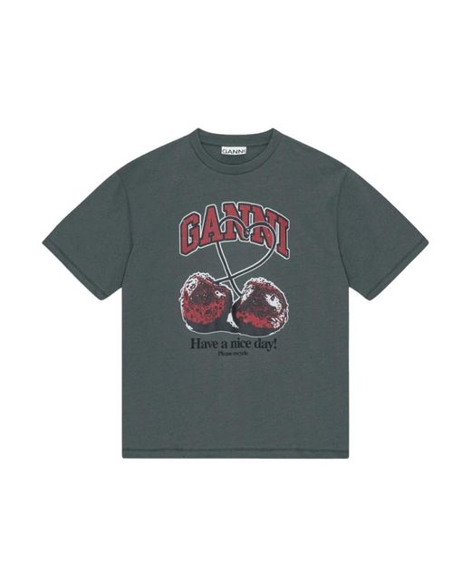 Camiseta con cerezas estampadas Ganni de color Gray
