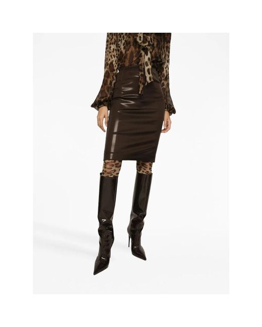 Dolce & Gabbana Brown Midi Skirt In Shiny Satin