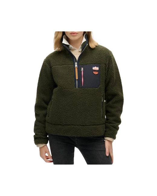 Superdry Jassen ,Groen ,Polyester Gebreide Trui Met Rits En Zakken Aan De Voorkant in het Green
