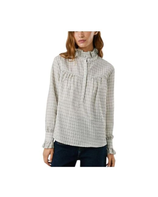 Pepe Jeans Overhemden ,Wit ,Blouse Met Gerimpelde Hoge Hals En Ruitjesprint in het Gray