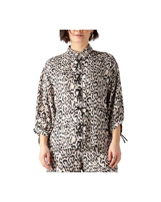 Jansen Amsterdam Overhemden ,Veelkleurig ,Linnen Blouse Met Dierenprint En Strikdetails in het Black