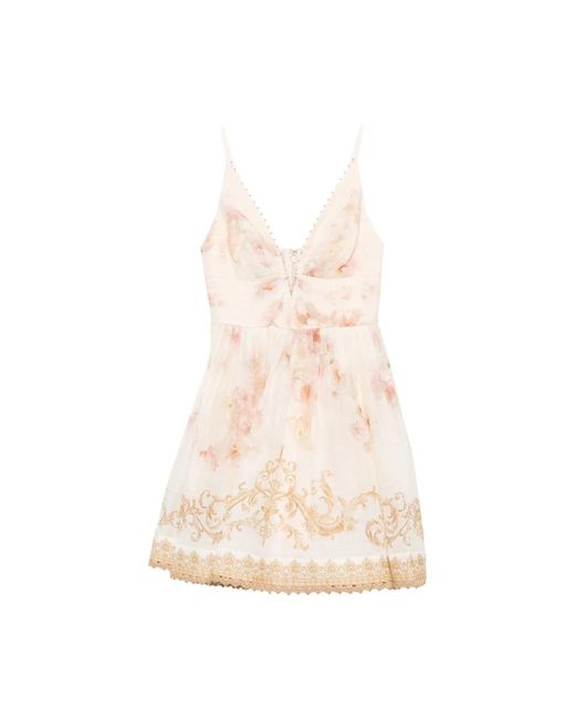 Zimmermann Natural Blumendruck V-Ausschnitt Kleid Mit Raffiabesatz