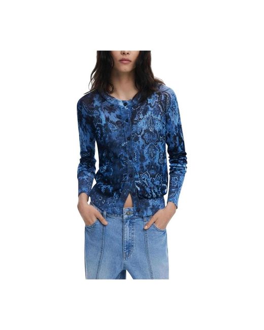 Desigual Truien & Vesten ,Blauw ,Bloemenknoopvest Herfst/Winter Stijl in het Blue