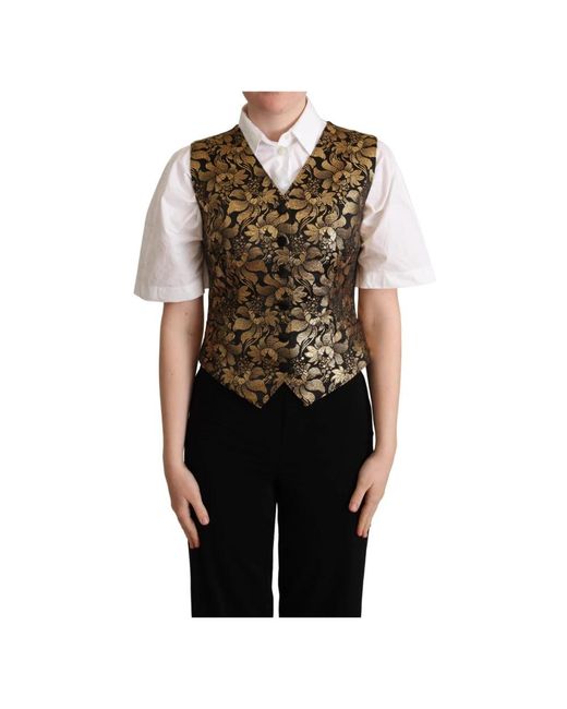 Dolce & Gabbana Jassen ,Veelkleurig ,Katoen Zwart Goud Jacquard Zijden Vest in het Black