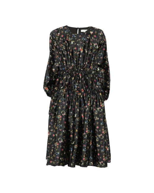 Stine Goya Black Schwarzes Blumenmuster Gerafftes Taillenkleid