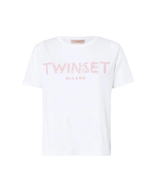 Twinset Tops ,Wit ,Katoen Geborduurd T-Shirt Van Katoen Met Korte Mouwen in het White