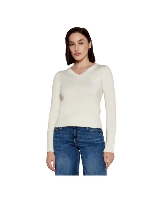 Guess White V-Neck Knitwear