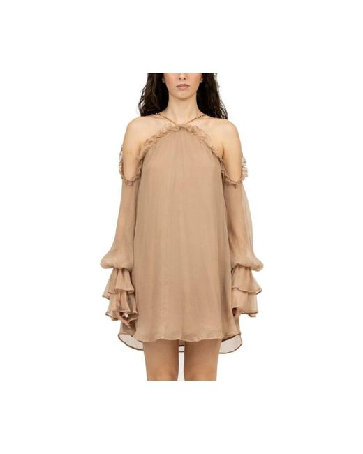 Amen Natural Kurzes Beiges Seiden Georgette Kleid