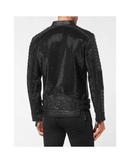 Philipp Plein Jassen ,Zwart ,Leer Leather Disco Biker Jacket Crystals in het Black voor heren