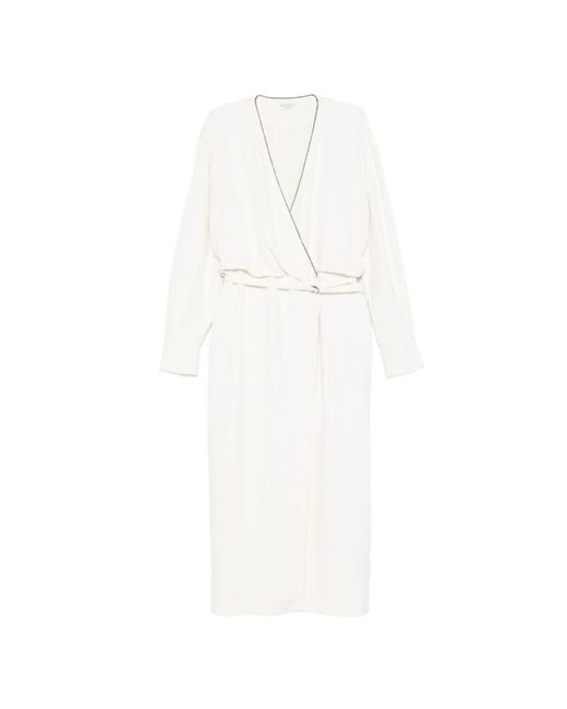 Brunello Cucinelli White Weiße Verzierte Wickel Midi Kleid