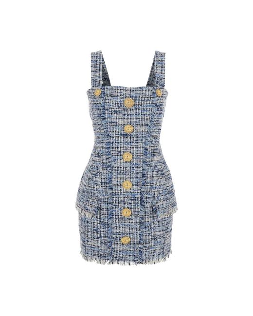 Balmain Korte Tweed Jurk Met Bandjes in het Blue