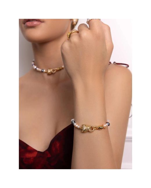 Nialaya Metallic Multi-colored pearl bracelet with gold panther head