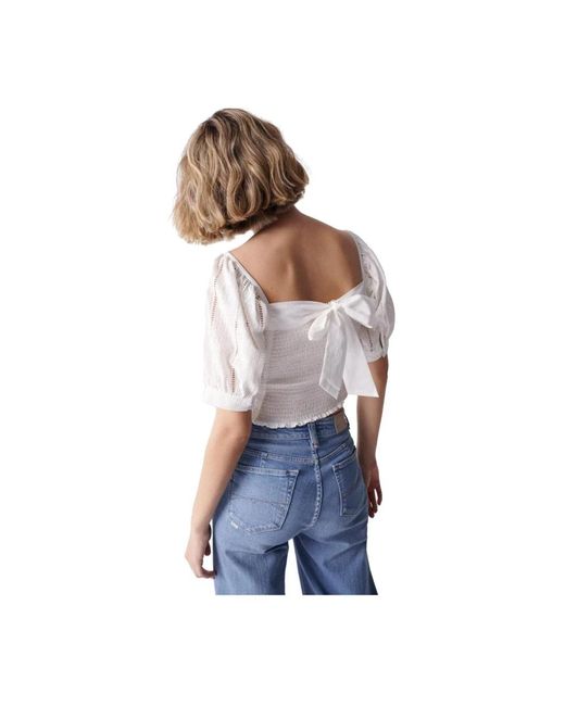 Salsa Jeans Overhemden ,Wit ,Witte Geborduurde Blouse, Slim Fit in het Blue