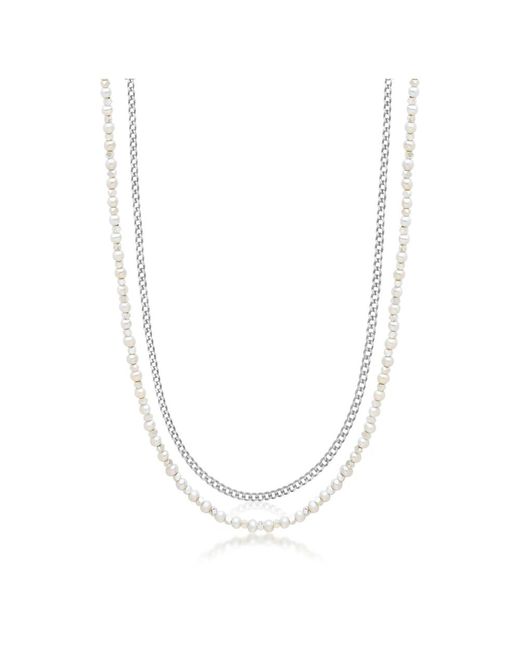 Nialaya Silver necklace layer with 3mm cuban link chain and pearl necklace in Metallic für Herren