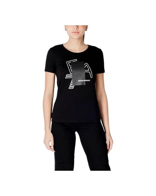 EA7 Tops ,Zwart ,Katoen T-Shirt Met Korte Mouwen En Ronde Hals Met Print in het Black