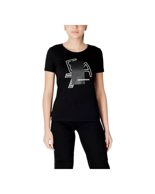 EA7 Tops ,Zwart ,Katoen T-Shirt Met Korte Mouwen En Ronde Hals Met Print in het Black