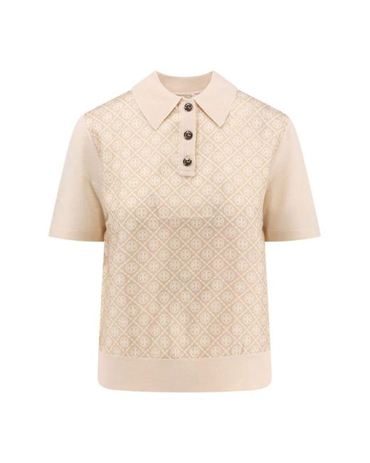 Tory Burch Natural Geripptes Kragen Poloshirt