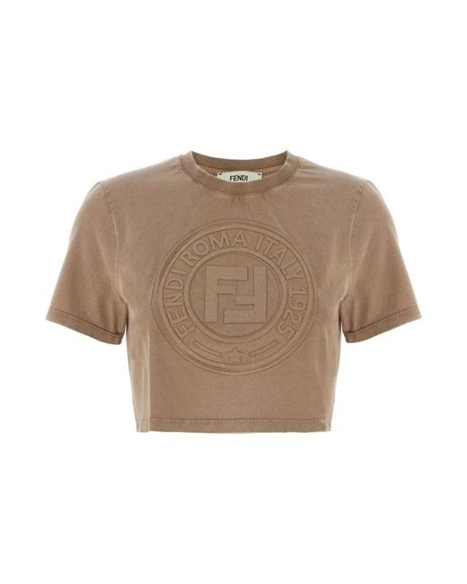 Fendi Tops ,Bruin ,Bruine Ronde Hals Korte Mouwen Top in het Natural