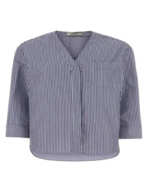 Max Mara Blue Vertical Stripe V-Neck Shirt