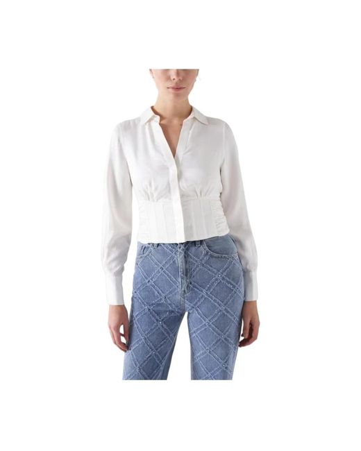 Salsa Jeans Overhemden ,Wit ,Satijn Witte Satijnen Shirt V-Hals Korset in het Blue