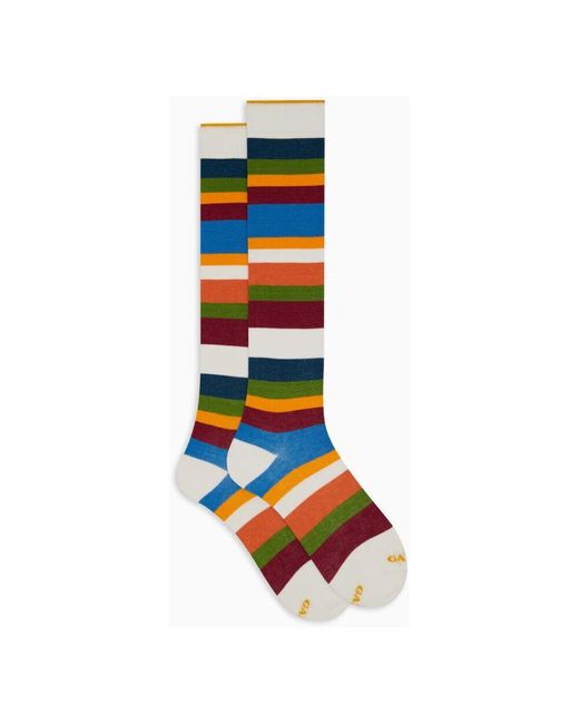 Gallo Blue Lange Weiße Baumwollsocken Für Damen Mit Siebenfarbigem Streifenmuster