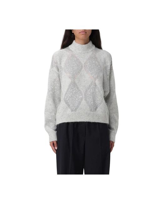 Brunello Cucinelli Gray Argyle-Strickpaillettenpullover