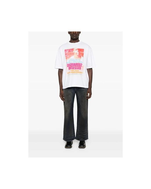 DSquared² Tops ,Wit ,Katoen Wit Grafisch Print Crew Neck T-Shirt in het Pink voor heren