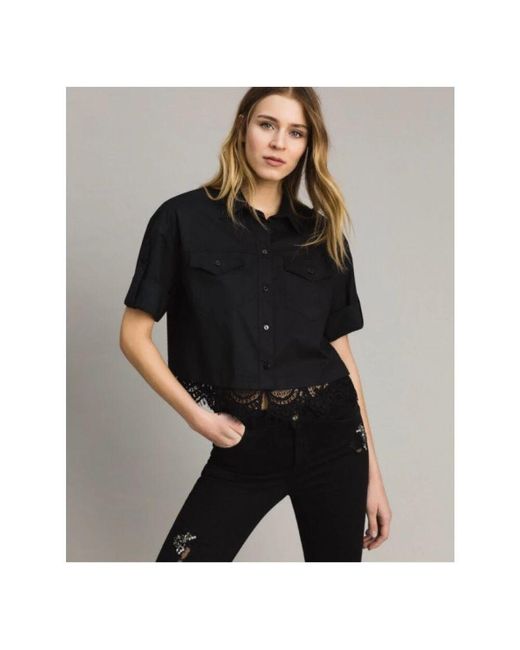 Twinset Black Kurze popelinebluse mit spitze