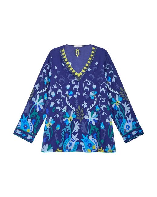 Maliparmi Blue Elegant v-neck floral embroidered shirt