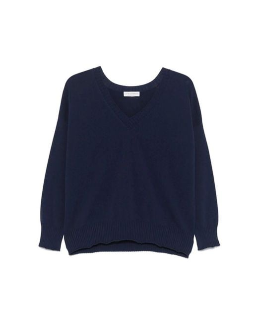 Le Tricot Perugia Blue Navyblauer Baumwollpullover Mit Geripptem V-Ausschnitt